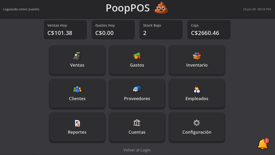 PoopPOS Dashboard principal mostrando los 9 módulos